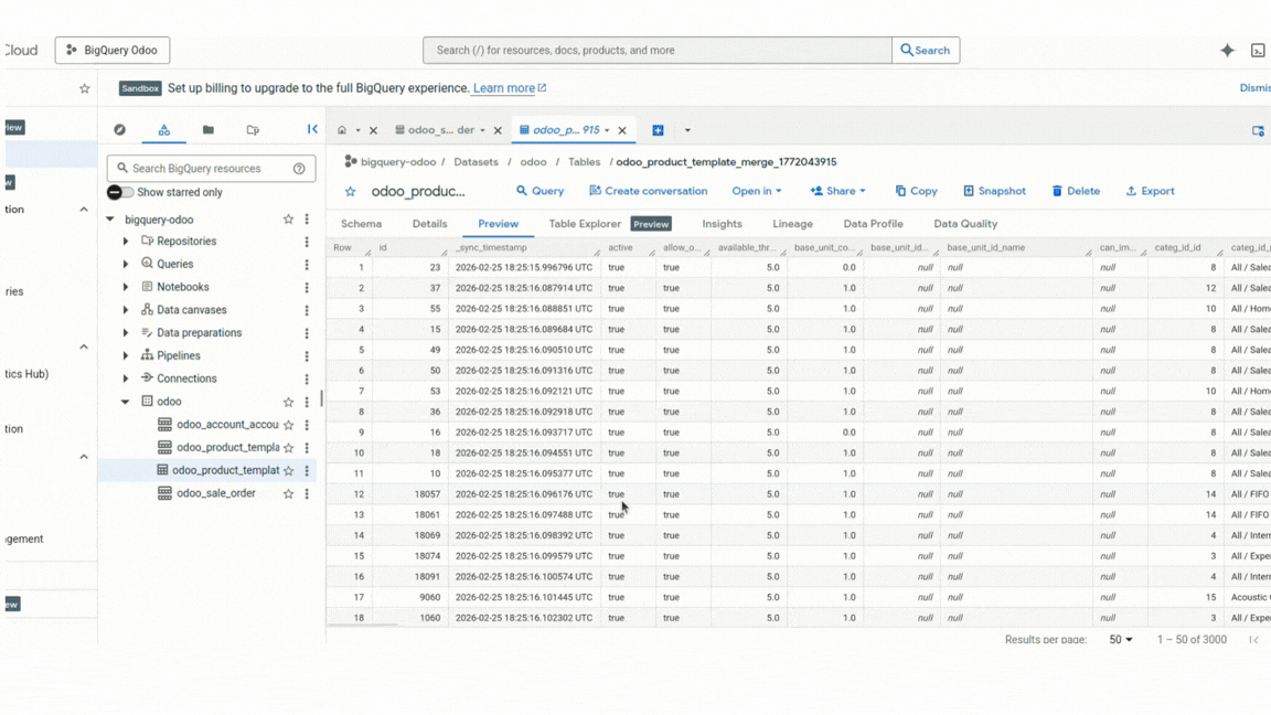 Odoo BigQuery Connector — incremental CDC sync dashboard in action